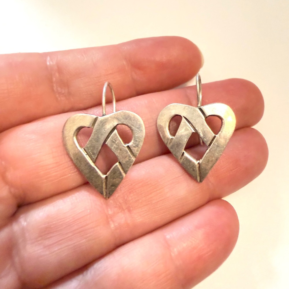 Vintage Sterling Silver Heart Earrings Geometric Drop 925 Shepherd Hook 5.3g